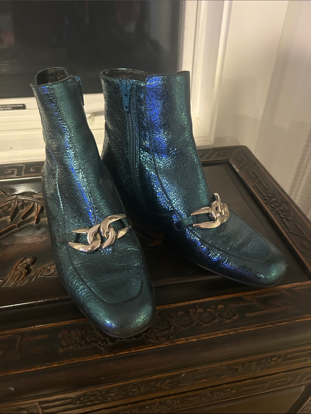 Free People Iridescent Teal Ankle Boots with Silver Chain